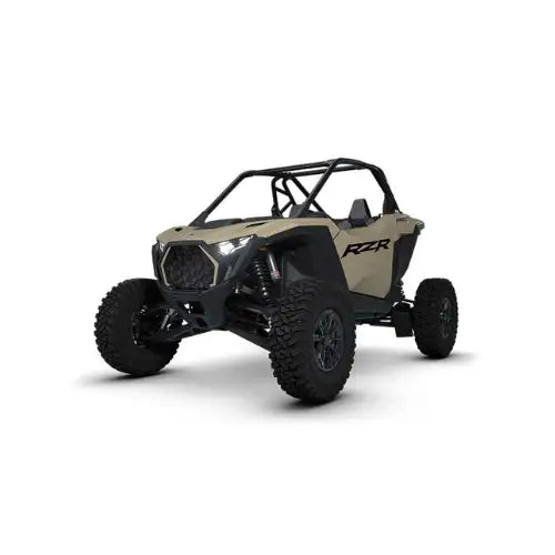 Beige and black polaris rzr off-road vehicle with rugged tires and a protective roll cage.