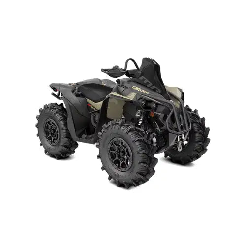 Black and olive green can-am outlander atv with rugged off-road tires and a protective front bumper.
