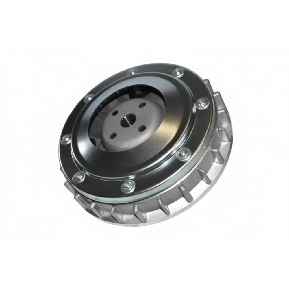 Metallic flywheel with bolts on a white background